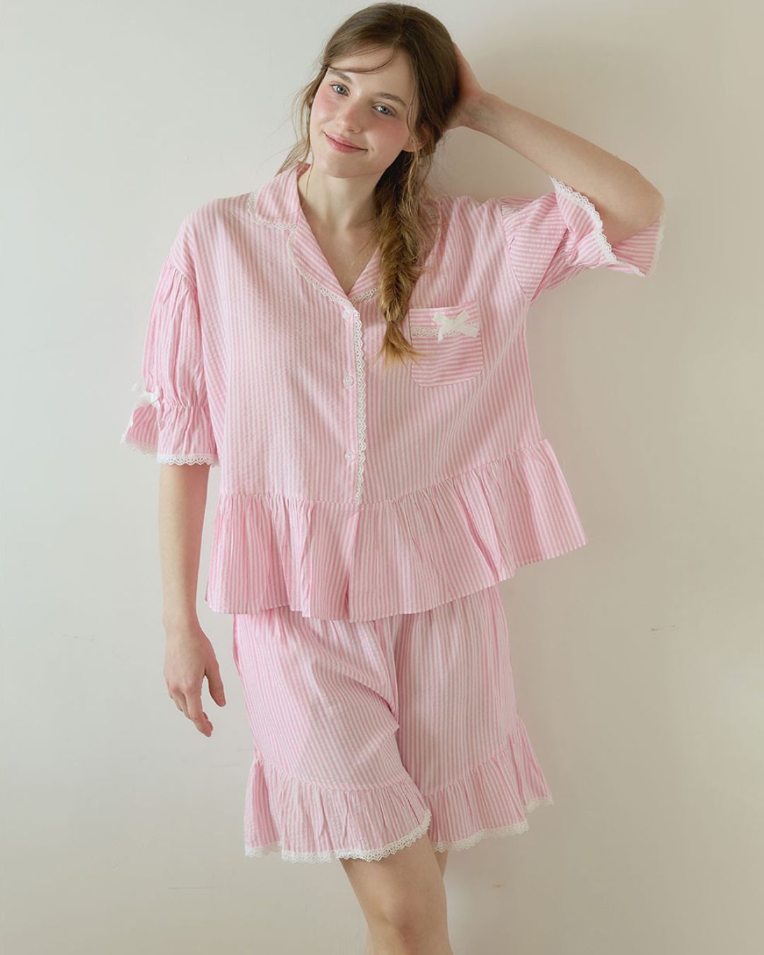 [PREORDER] Lunaluz Burnut Cotton Blend Short Sleeve Collared Two-Piece Pajama Set (Dispatch Date: 17-21 Aug)