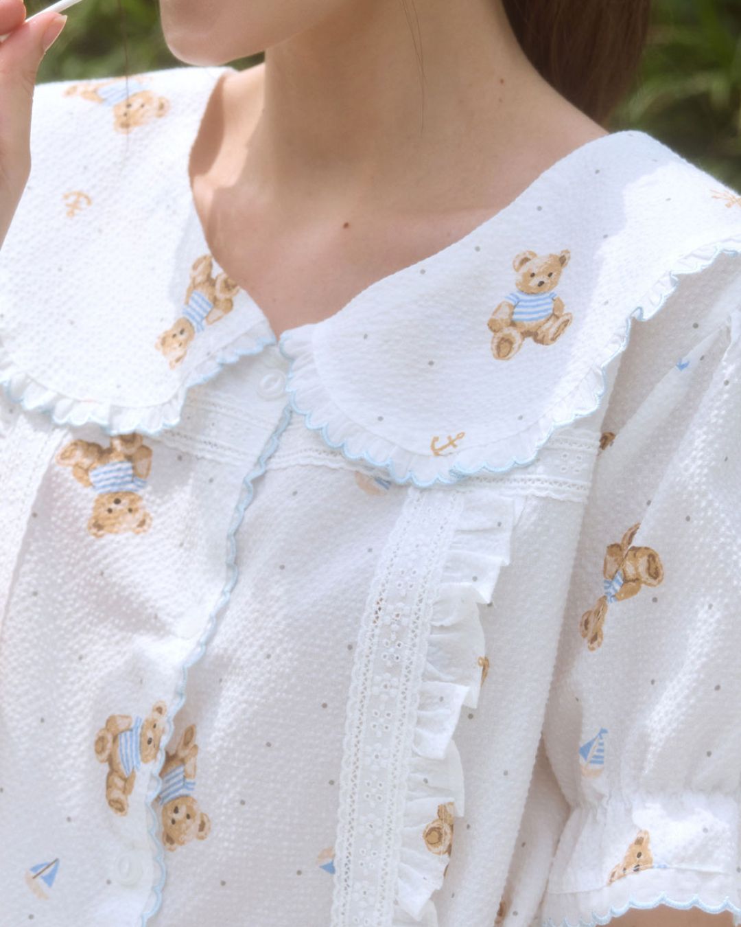 [PREORDER] Lunaluz Comme Bear Cotton Blend Short Sleeve Sailor Collar Two-Piece Pajama Set (Dispatch Date: 17-21 Aug)