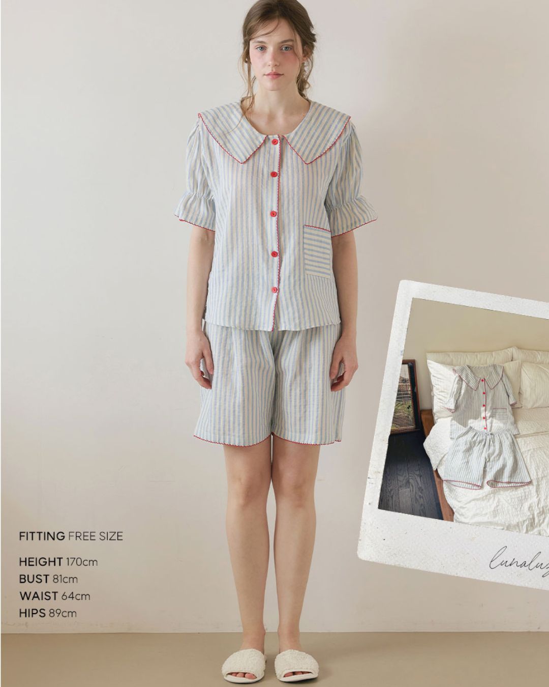 [PREORDER] Lunaluz Billy Stripe Cotton Sailor Collar Pajama Set (Dispatch Date: 17-21 Aug)